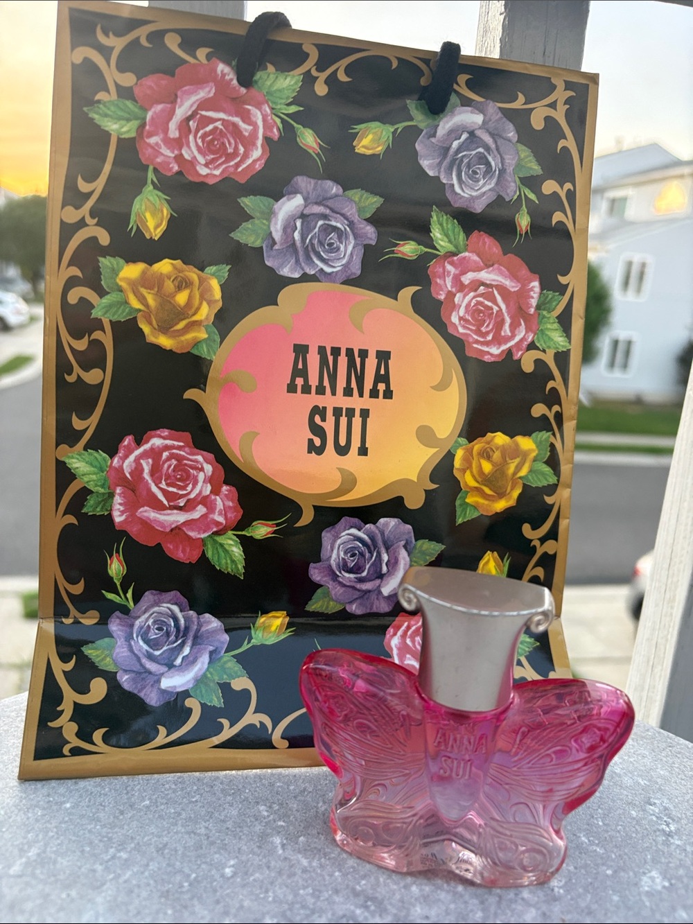 Anna Sui Pink Butterfly Perfume Bottle 2002 with Floral Gift Bag